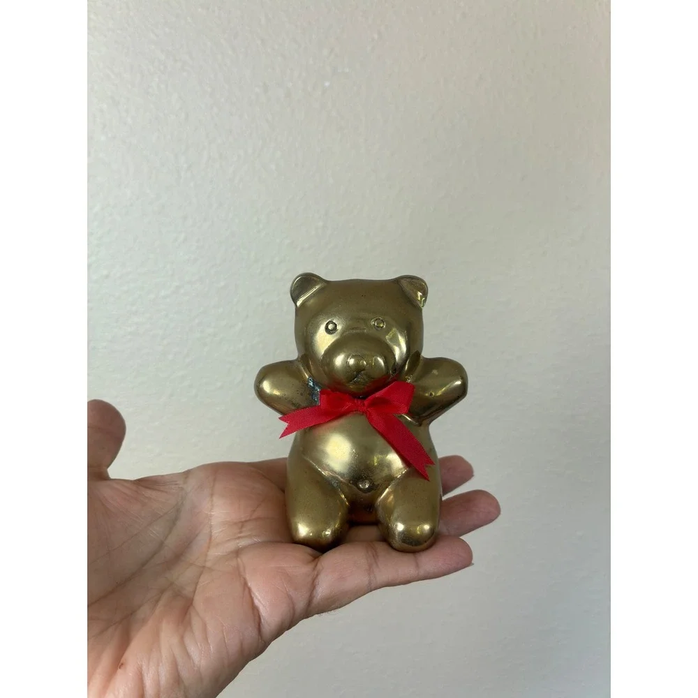 Vintage Solid Brass Teddy Bear Figurine Paperweight Red Ribbon Made in Taiwan